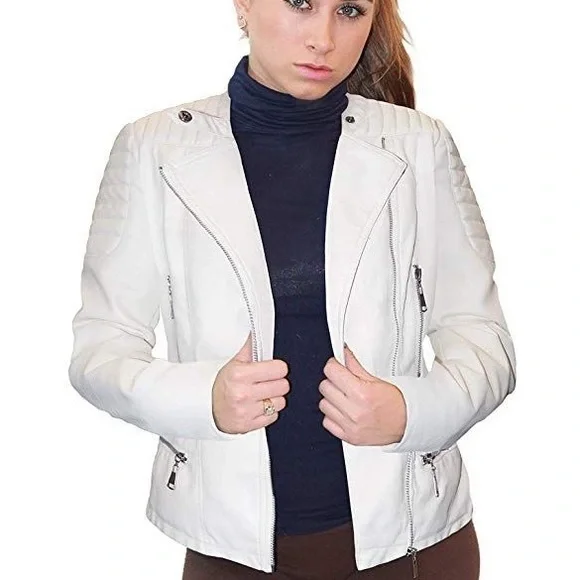 BNWOT Olivia Miller White Faux Leather Zip Up Moto Biker Jacket M - never worn! - Picture 3 of 8